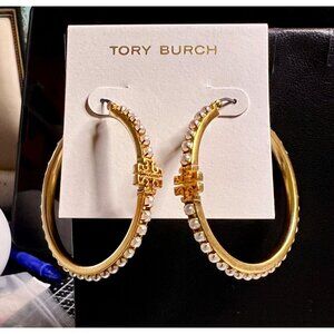 Tory Burch Gold Pearl Embellished Hoop Earrings Elegant Design Womens Jewelry